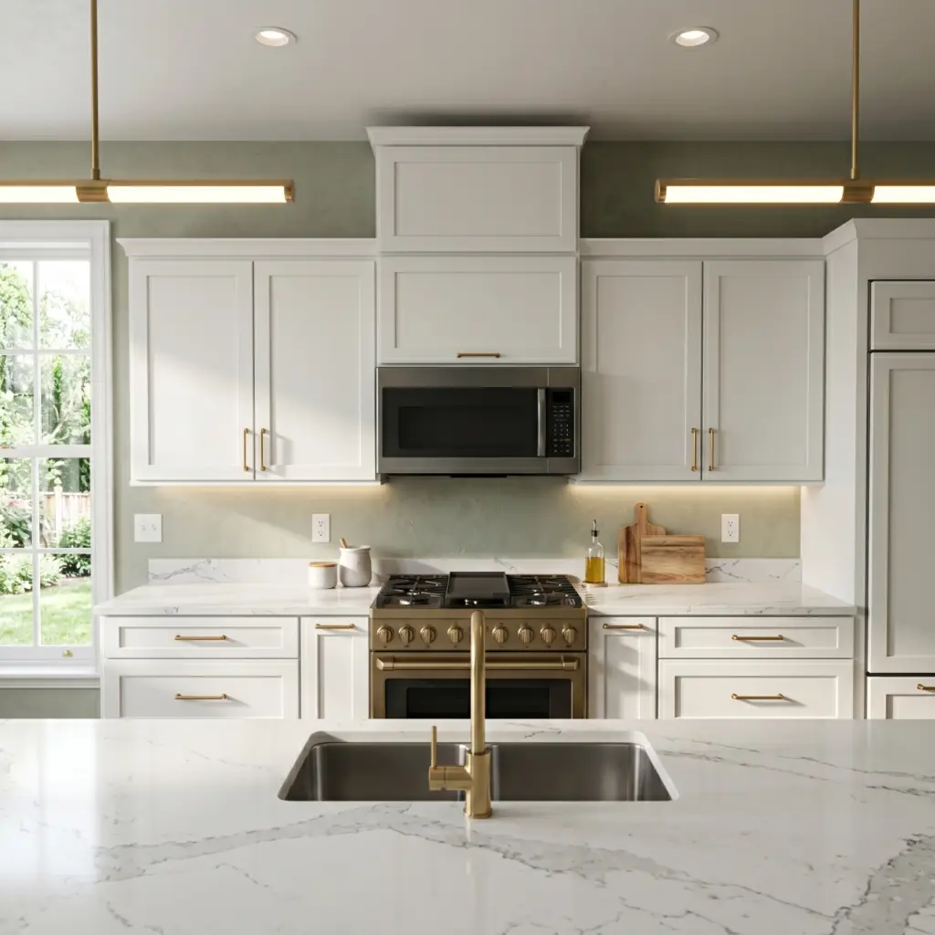 Professional kitchen cabinet painting and hardware installation. Features a flawless white satin finish on shaker cabinets, perfectly aligned gold pulls, and high-end marble countertops, showcasing expert craftsmanship in a modern home renovation.