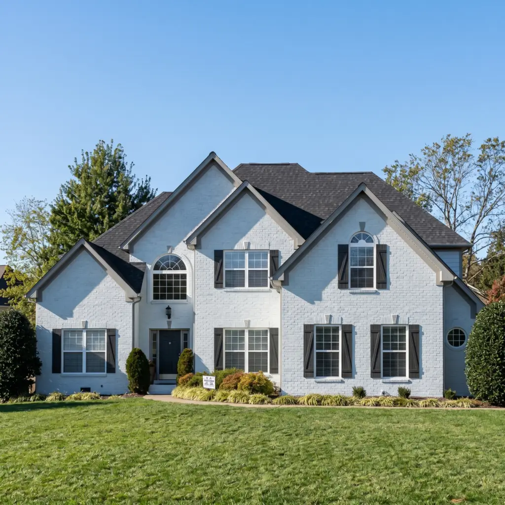 A professional exterior shot of a large residential home after a fresh paint job. The white brick masonry is perfectly coated, contrasted by dark grey trim and shutters, highlighting the sharp craftsmanship and curb appeal of the property.