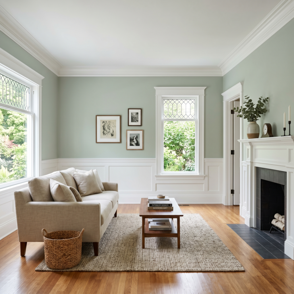 A professionally painted living room featuring smooth, sage green upper walls contrasted by crisp white wainscoting and crown molding. The finish is flawless with sharp lines between the colors, highlighting a bright and modern interior design.